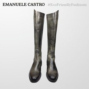 Emanuele Crasto Gray Back Zip Leather Knee High Tall Riding Boots Size EU 39
